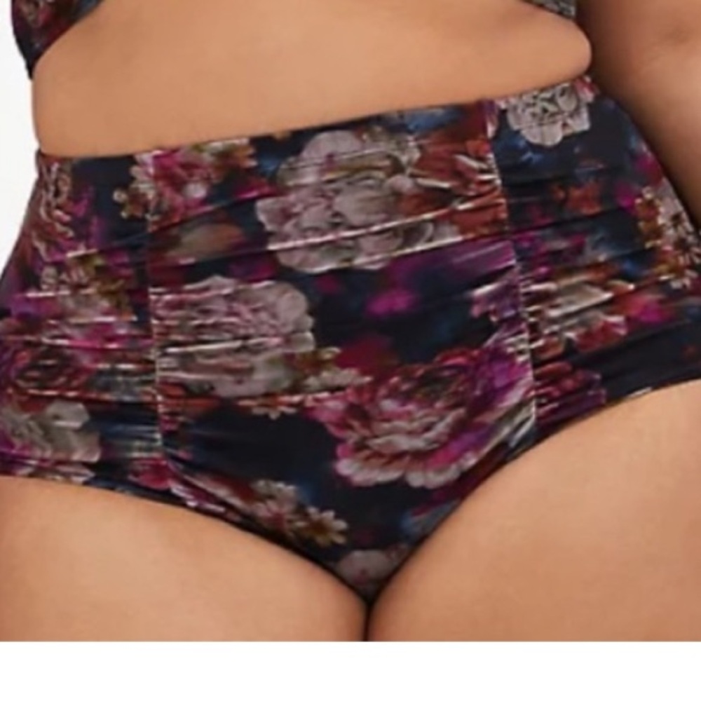 Torrid Black and Purple Bikini High-Waisted Ruched Swimwear